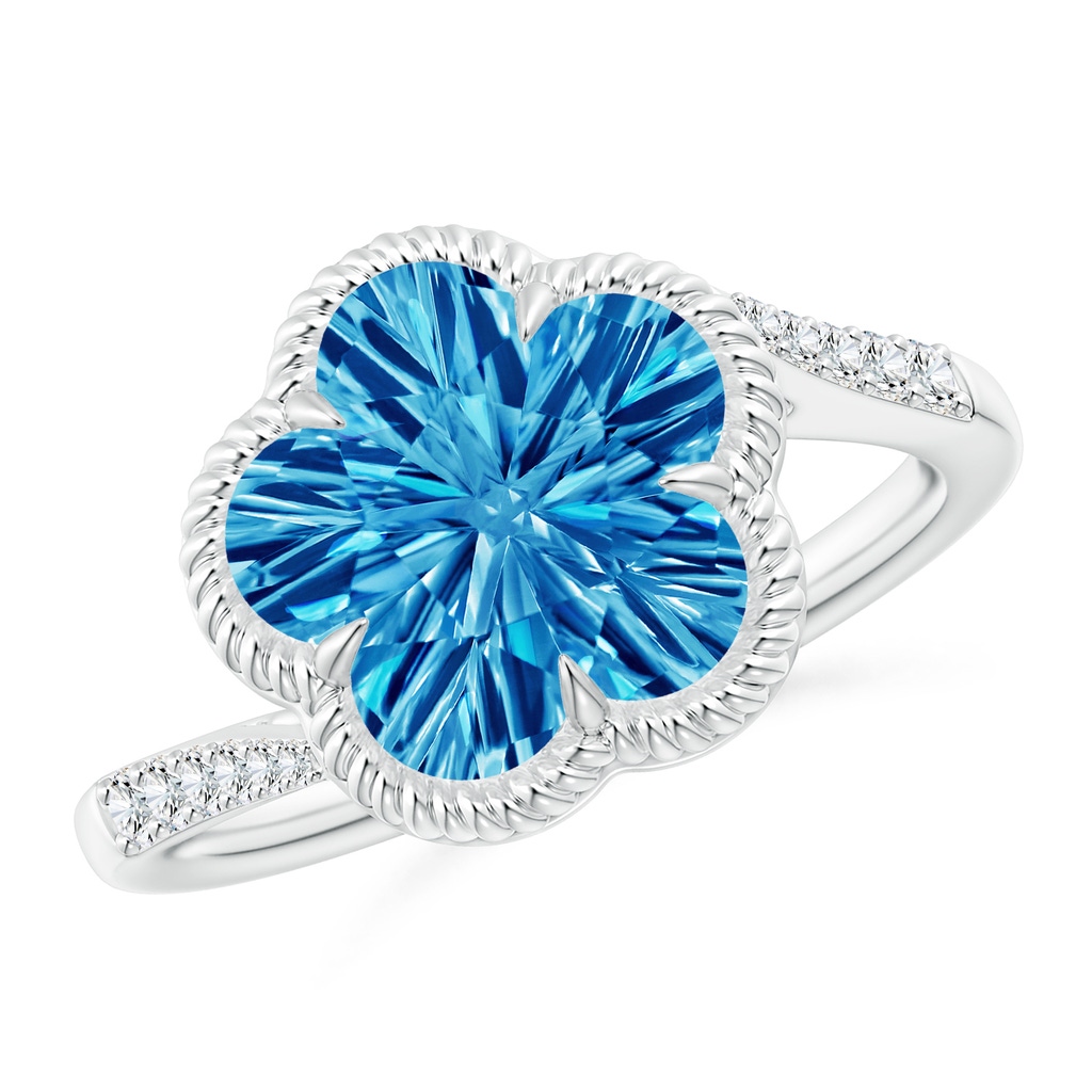 10mm AAAA Five-Petal Flower Swiss Blue Topaz Twisted Wire Halo Ring in White Gold