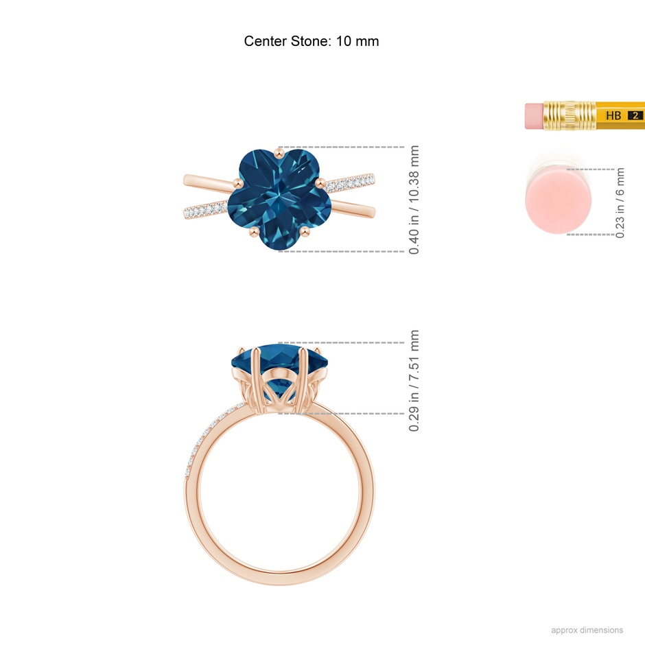 10mm AAAA Five-Petal Flower London Blue Topaz Criss-Cross Ring in Rose Gold ruler