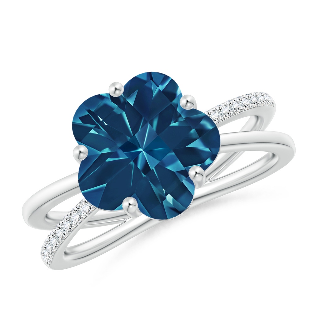 10mm AAAA Five-Petal Flower London Blue Topaz Criss-Cross Ring in White Gold