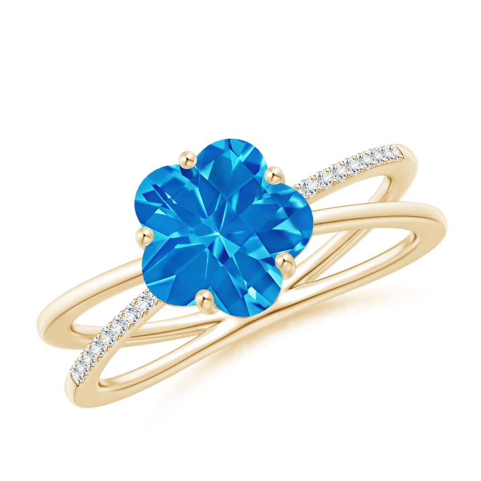 8mm AAAA Five-Petal Flower Swiss Blue Topaz Criss-Cross Ring in Yellow Gold 