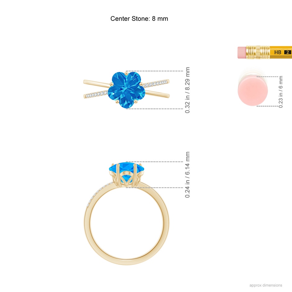 8mm AAAA Five-Petal Flower Swiss Blue Topaz Criss-Cross Ring in Yellow Gold ruler