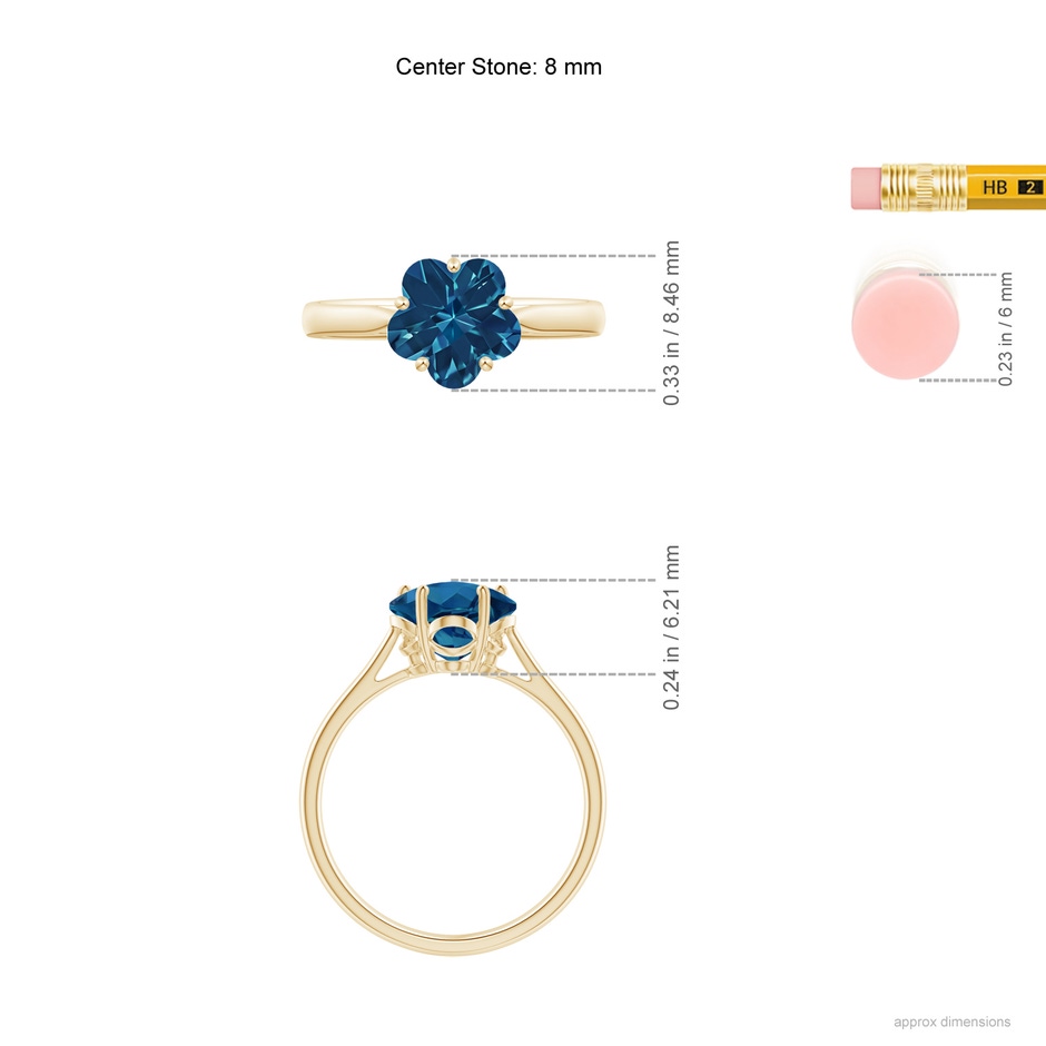 8mm AAAA Classic Five-Petal Flower London Blue Topaz Ring in Yellow Gold ruler