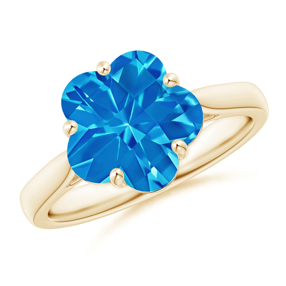 10mm AAAA Classic Five-Petal Flower Swiss Blue Topaz Ring in Yellow Gold 