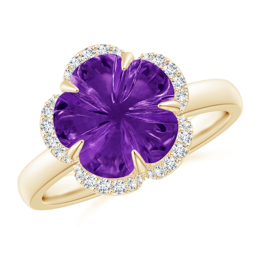 10mm AAAA Tulip-Inspired Amethyst Ring with Diamond Halo in Yellow Gold