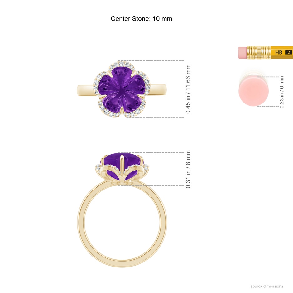 10mm AAAA Tulip-Inspired Amethyst Ring with Diamond Halo in Yellow Gold ruler