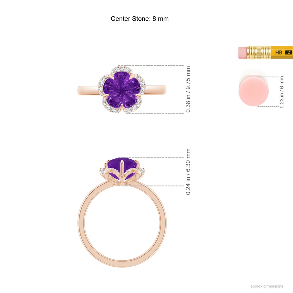 8mm AAAA Tulip-Inspired Amethyst Ring with Diamond Halo in Rose Gold ruler