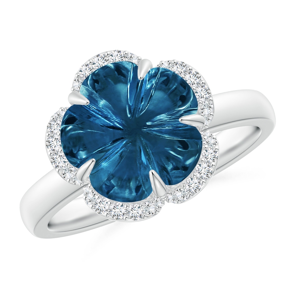 10mm AAAA Tulip-Inspired London Blue Topaz Ring with Diamond Halo in White Gold