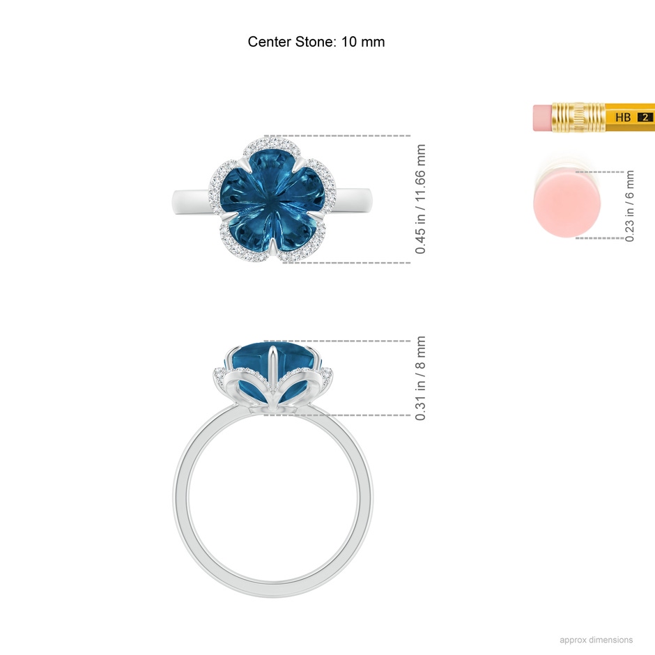 10mm AAAA Tulip-Inspired London Blue Topaz Ring with Diamond Halo in White Gold ruler