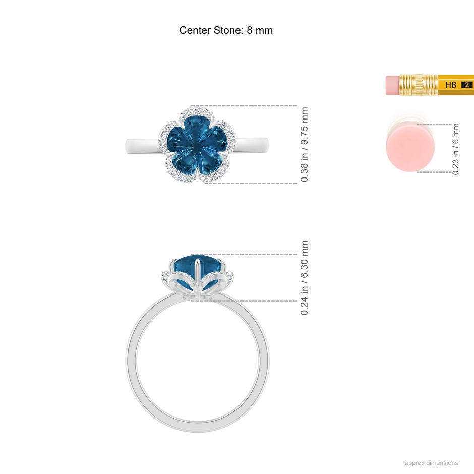 8mm AAAA Tulip-Inspired London Blue Topaz Ring with Diamond Halo in White Gold ruler