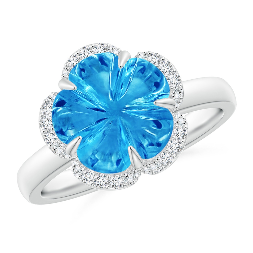10mm AAAA Tulip-Inspired Swiss Blue Topaz Ring with Diamond Halo in White Gold