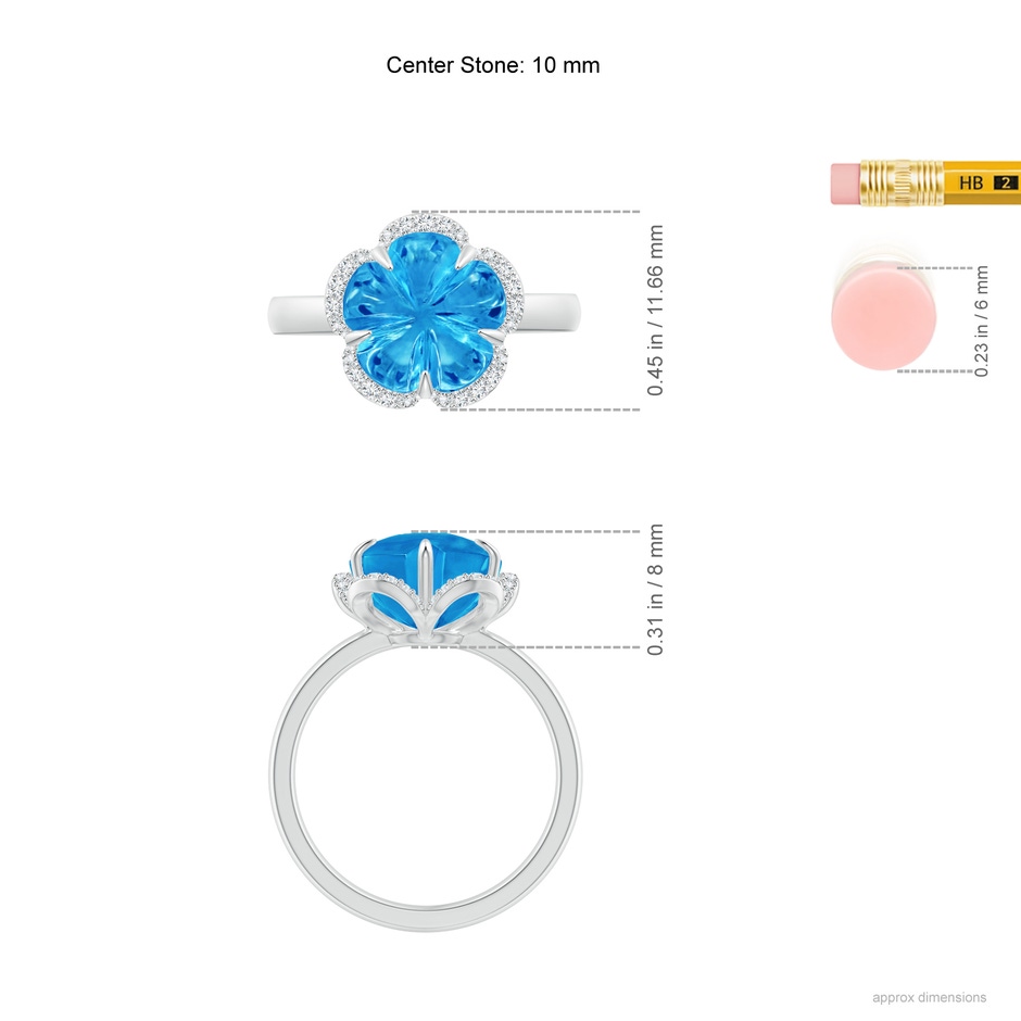 10mm AAAA Tulip-Inspired Swiss Blue Topaz Ring with Diamond Halo in White Gold ruler