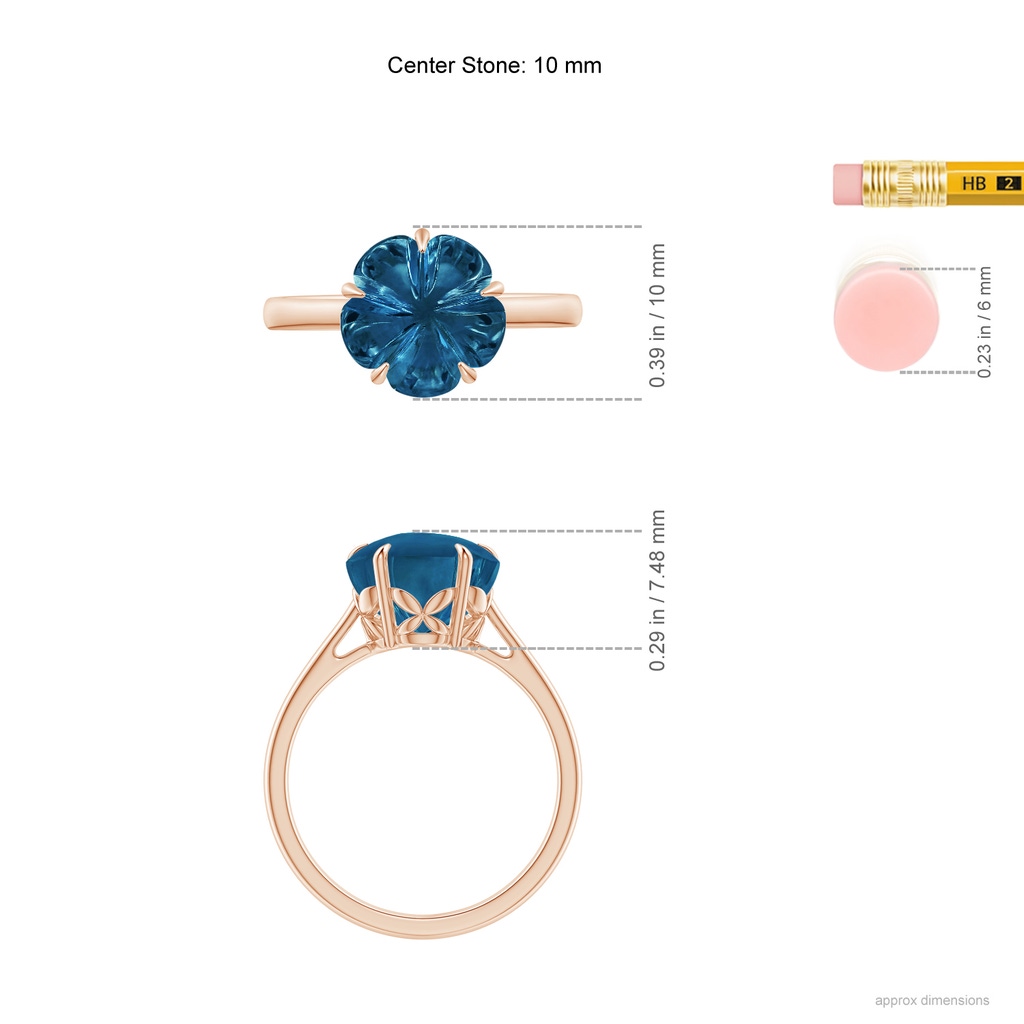 10mm AAAA Five-Petal Flower London Blue Topaz Solitaire Ring in Rose Gold Ruler