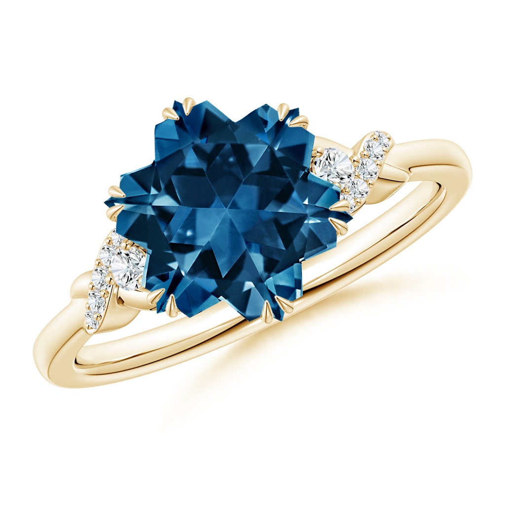 10mm AAAA Snowflake-Cut London Blue Topaz Criss-Cross Shank Ring in Yellow Gold