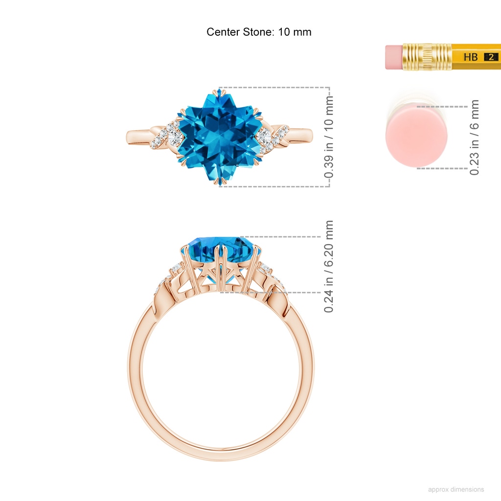 10mm AAAA Snowflake-Cut Swiss Blue Topaz Criss-Cross Shank Ring in Rose Gold Ruler