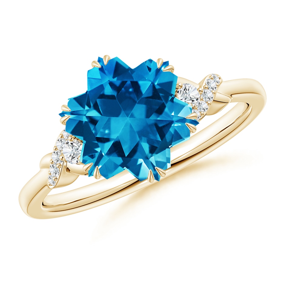 10mm AAAA Snowflake-Cut Swiss Blue Topaz Criss-Cross Shank Ring in Yellow Gold 
