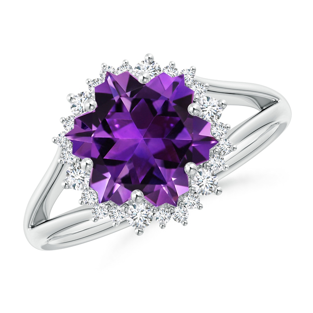 10mm AAAA Snowflake-Cut Amethyst Halo Split Shank Ring in White Gold