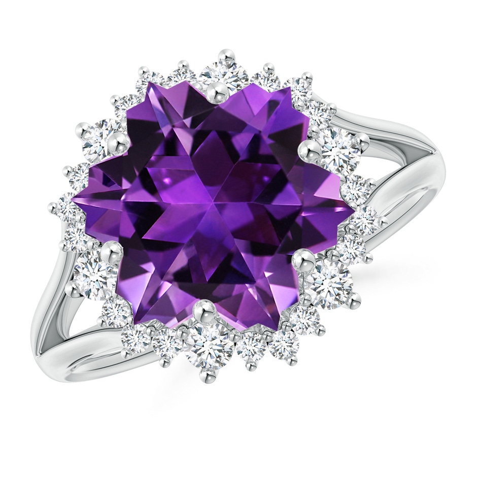 12mm AAAA Snowflake-Cut Amethyst Halo Split Shank Ring in White Gold 