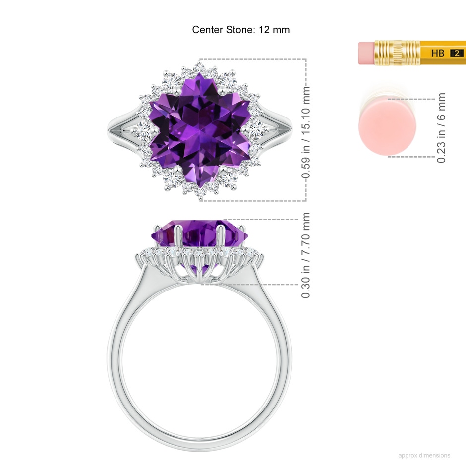 12mm AAAA Snowflake-Cut Amethyst Halo Split Shank Ring in White Gold ruler