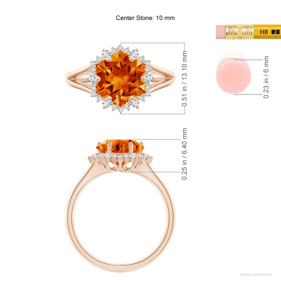 10mm AAAA Snowflake-Cut Citrine Halo Split Shank Ring in Rose Gold ruler