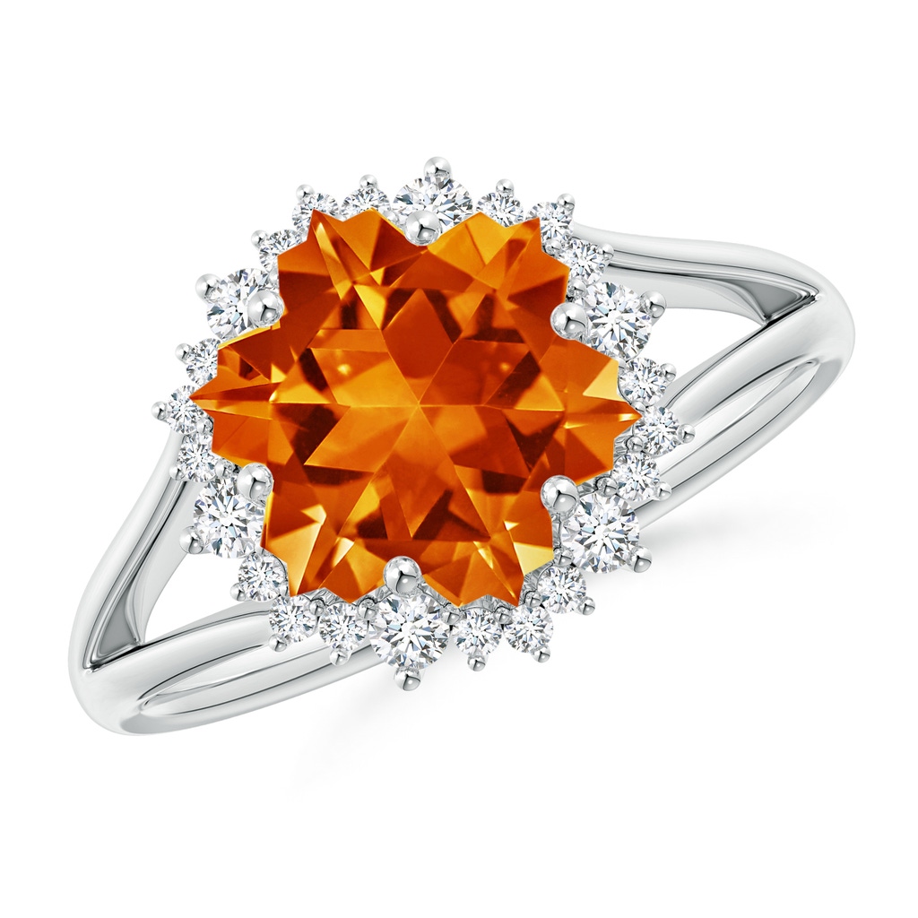 10mm AAAA Snowflake-Cut Citrine Halo Split Shank Ring in White Gold