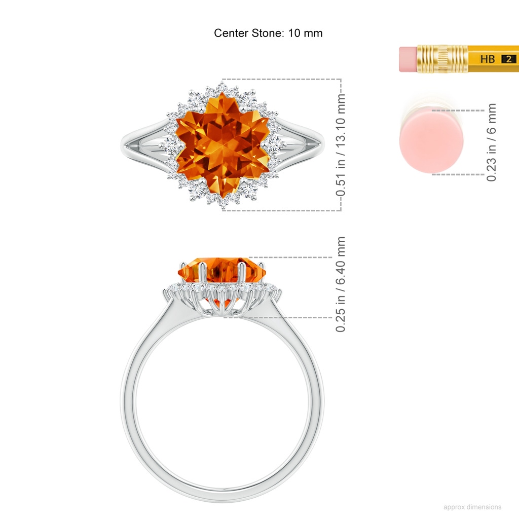 10mm AAAA Snowflake-Cut Citrine Halo Split Shank Ring in White Gold Ruler