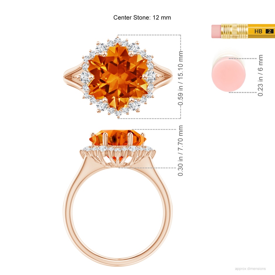12mm AAAA Snowflake-Cut Citrine Halo Split Shank Ring in Rose Gold ruler