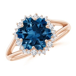 10mm AAAA Snowflake-Cut London Blue Topaz Halo Split Shank Ring in 9K Rose Gold