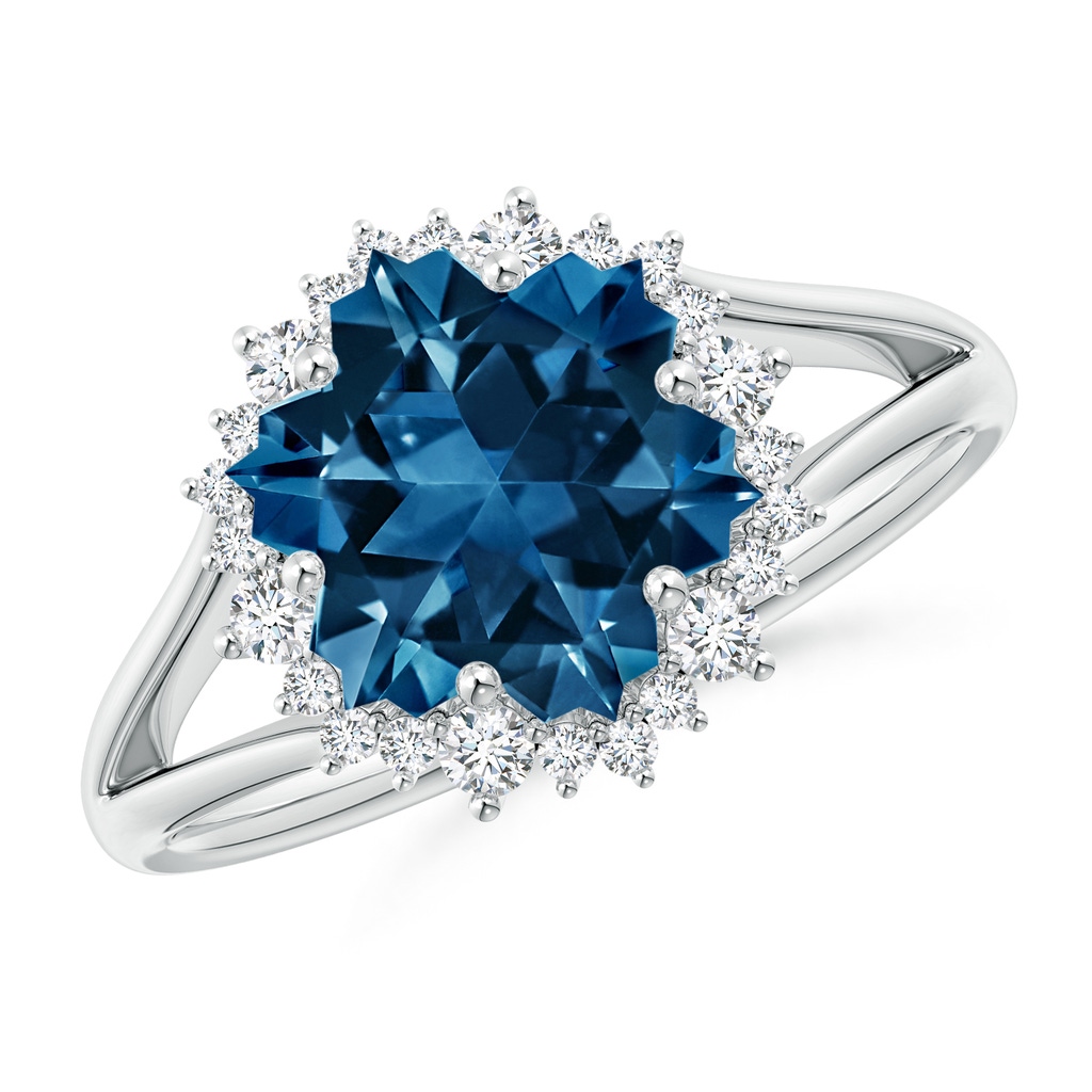 10mm AAAA Snowflake-Cut London Blue Topaz Halo Split Shank Ring in White Gold