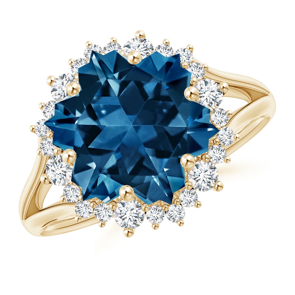 12mm AAAA Snowflake-Cut London Blue Topaz Halo Split Shank Ring in 9K Yellow Gold 