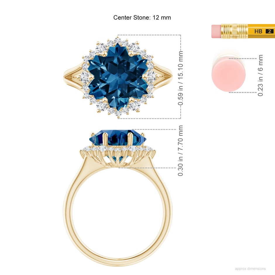 12mm AAAA Snowflake-Cut London Blue Topaz Halo Split Shank Ring in 9K Yellow Gold ruler