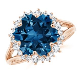12mm AAAA Snowflake-Cut London Blue Topaz Halo Split Shank Ring in Rose Gold