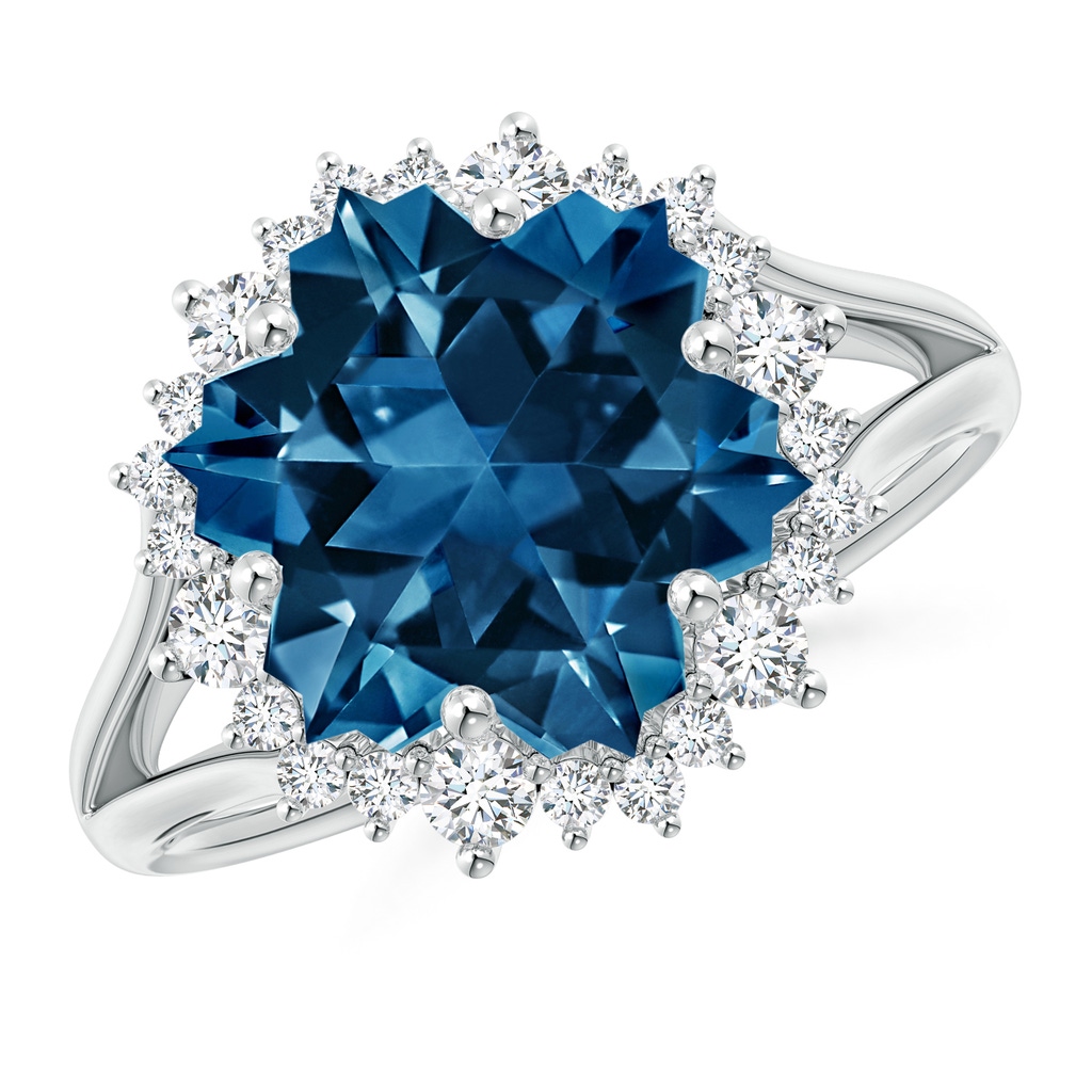 12mm AAAA Snowflake-Cut London Blue Topaz Halo Split Shank Ring in White Gold