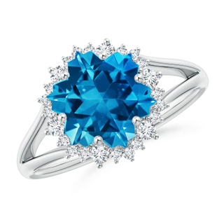 10mm AAAA Snowflake-Cut Swiss Blue Topaz Halo Split Shank Ring in White Gold