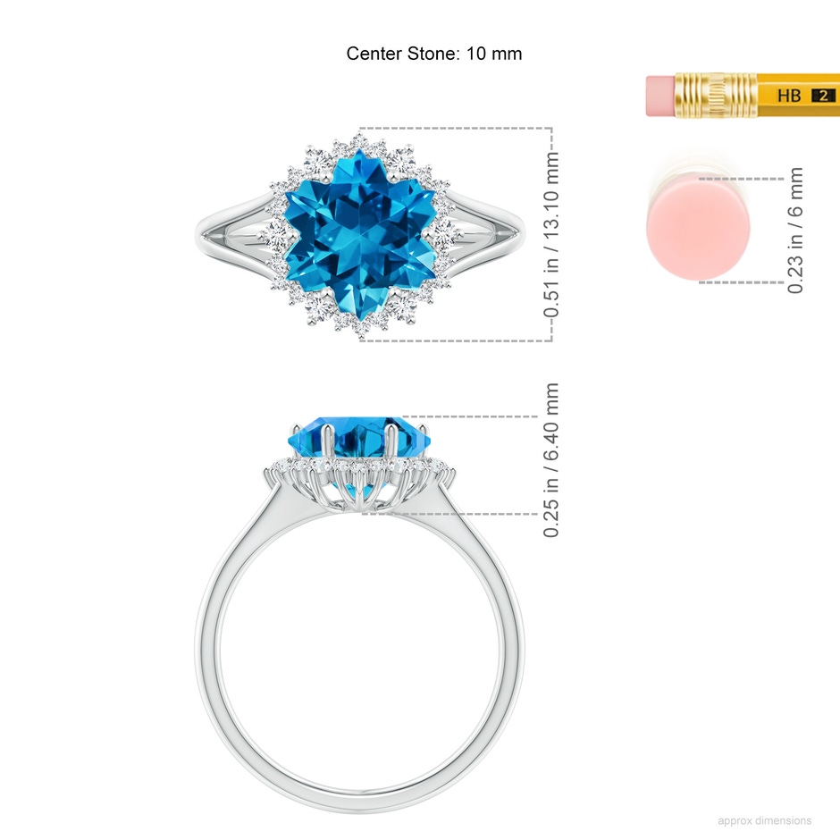 10mm AAAA Snowflake-Cut Swiss Blue Topaz Halo Split Shank Ring in White Gold ruler