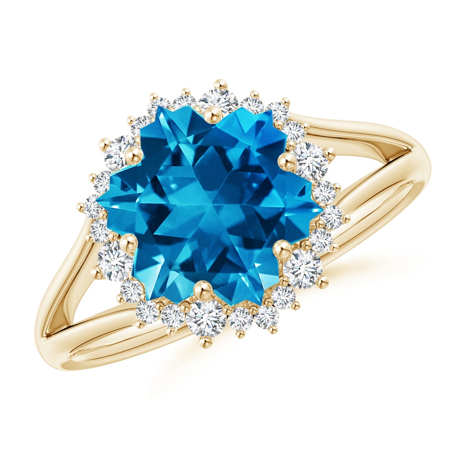 10mm AAAA Snowflake-Cut Swiss Blue Topaz Halo Split Shank Ring in Yellow Gold 