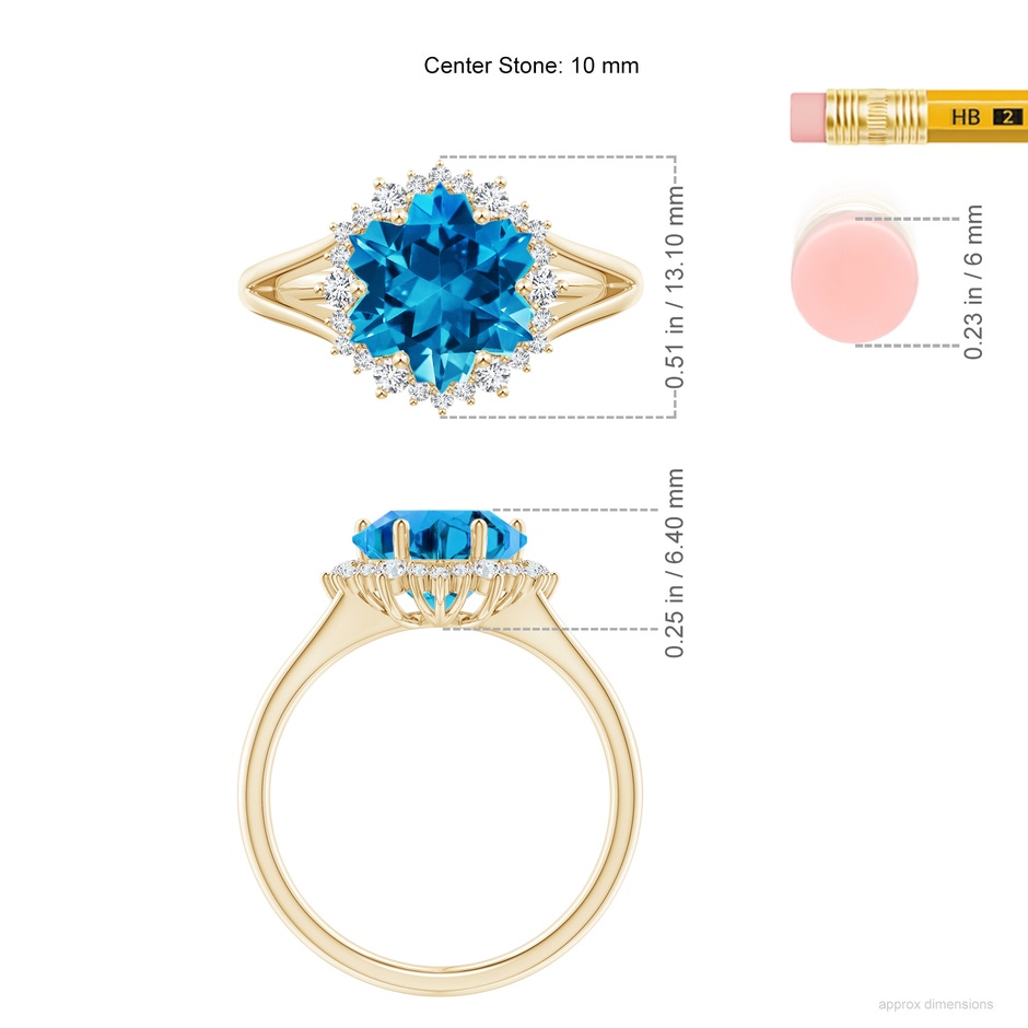 10mm AAAA Snowflake-Cut Swiss Blue Topaz Halo Split Shank Ring in Yellow Gold ruler