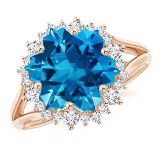 12mm AAAA Snowflake-Cut Swiss Blue Topaz Halo Split Shank Ring in 9K Rose Gold