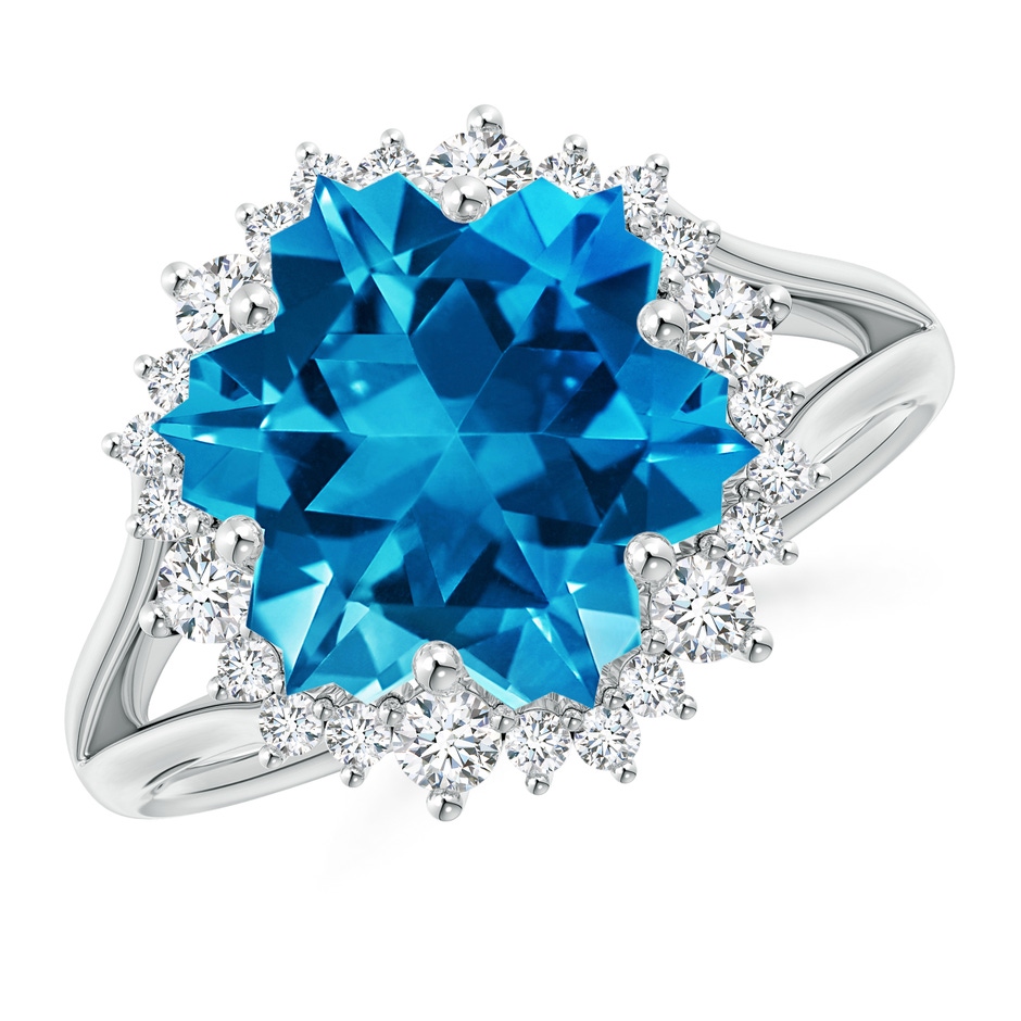 12mm AAAA Snowflake-Cut Swiss Blue Topaz Halo Split Shank Ring in White Gold 