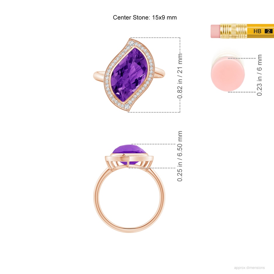 15x9mm AAAA North-South Leaf-Shaped Amethyst Halo Ring in Rose Gold ruler