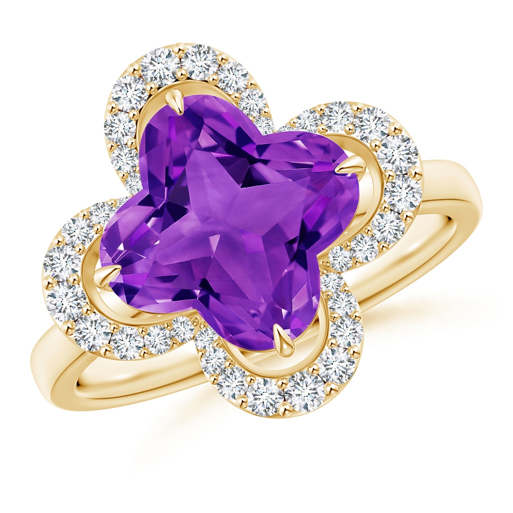 9mm AAAA Clover-Shaped Amethyst Halo Engagement Ring in Yellow Gold