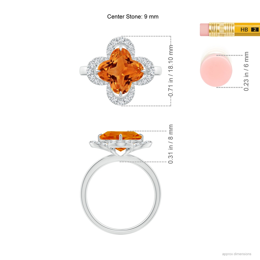 9mm AAAA Clover-Shaped Citrine Halo Engagement Ring in White Gold Ruler