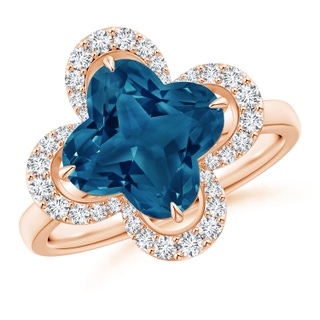 9mm AAAA Clover-Shaped London Blue Topaz Halo Engagement Ring in Rose Gold