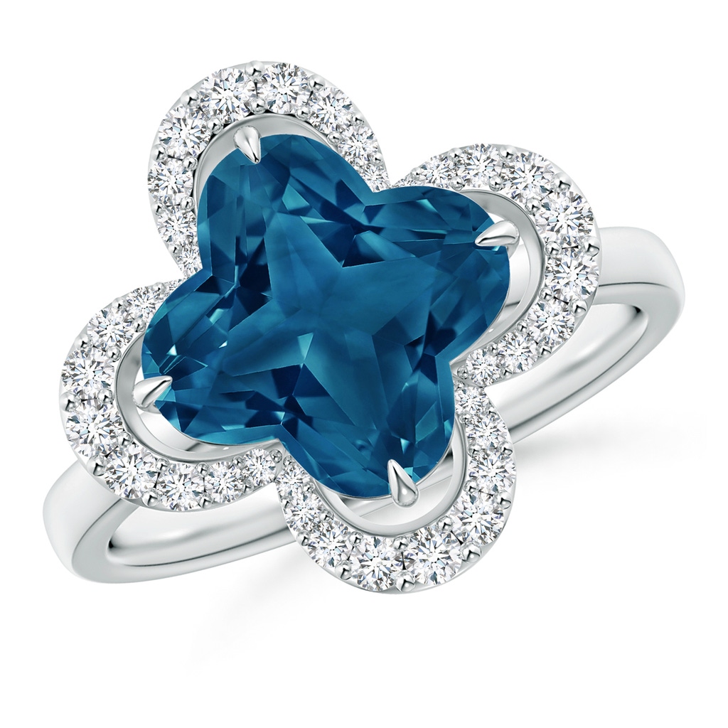 9mm AAAA Clover-Shaped London Blue Topaz Halo Engagement Ring in White Gold
