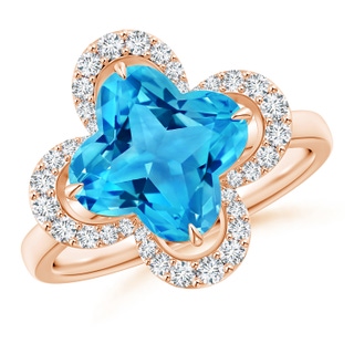 9mm AAAA Clover-Shaped Swiss Blue Topaz Halo Engagement Ring in Rose Gold