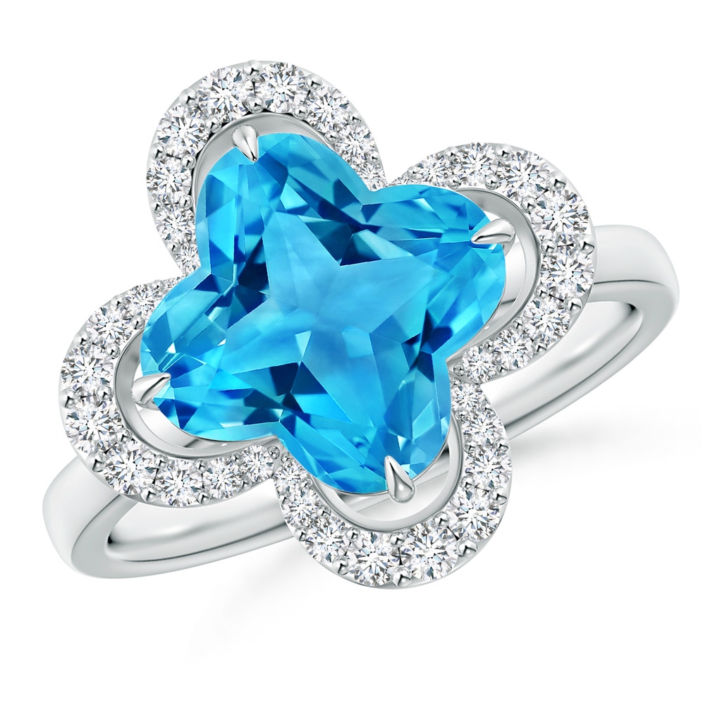 9mm AAAA Clover-Shaped Swiss Blue Topaz Halo Engagement Ring in White Gold