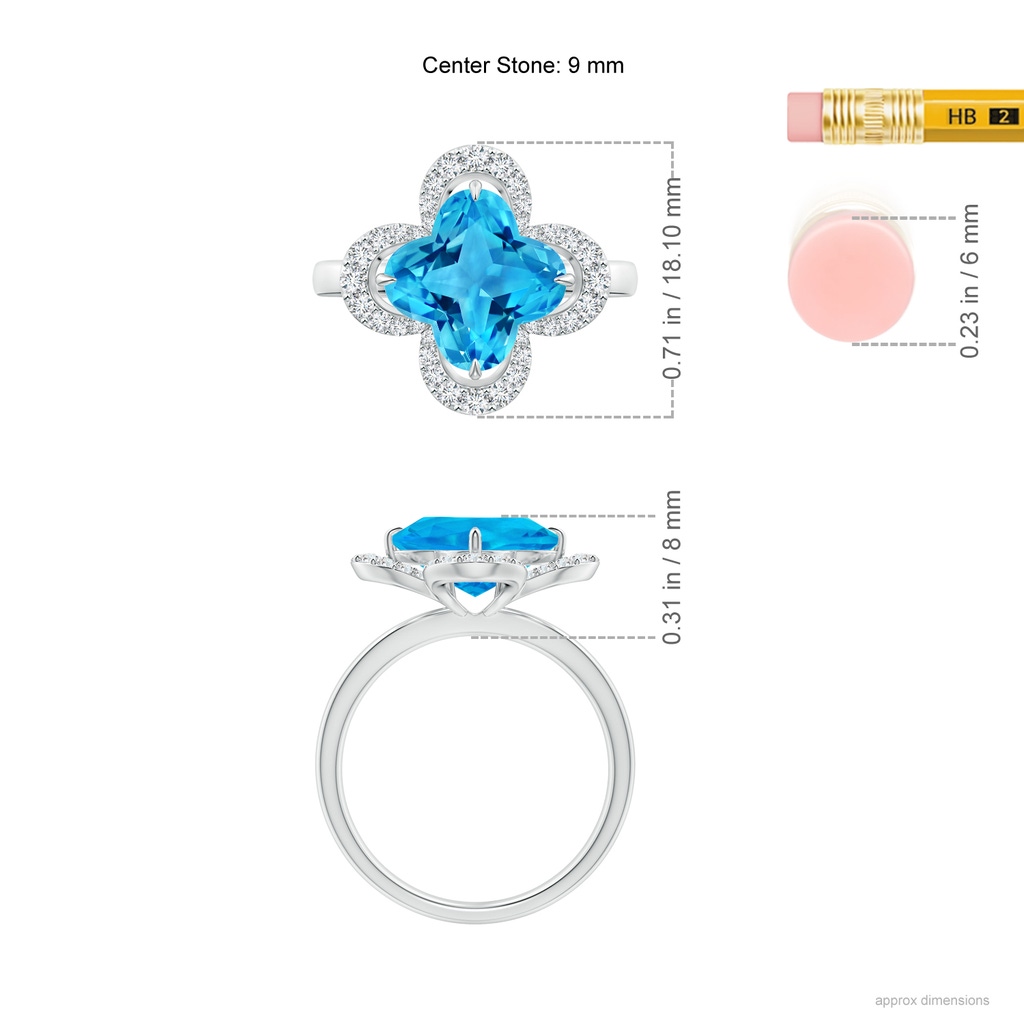 9mm AAAA Clover-Shaped Swiss Blue Topaz Halo Engagement Ring in White Gold Ruler