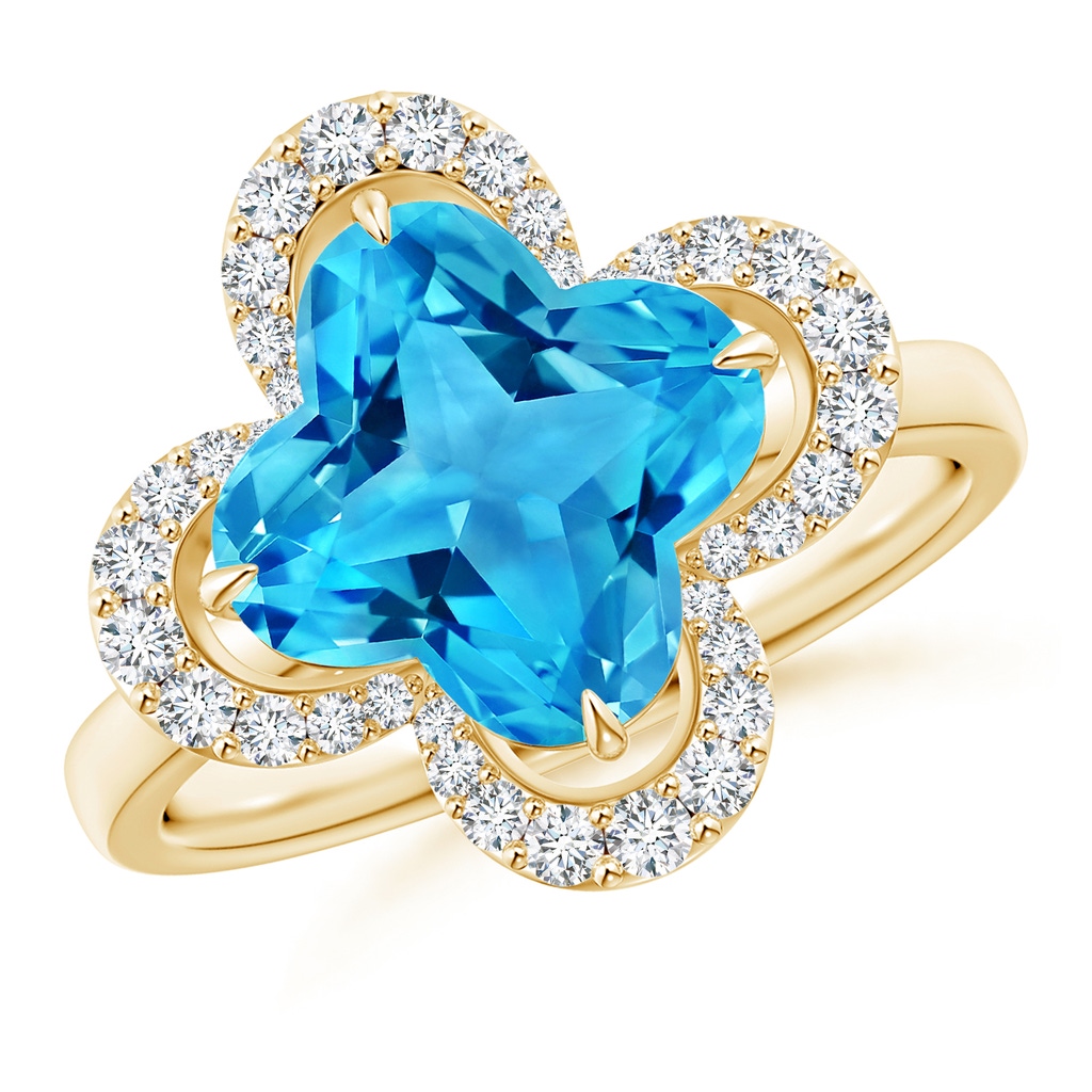 9mm AAAA Clover-Shaped Swiss Blue Topaz Halo Engagement Ring in Yellow Gold