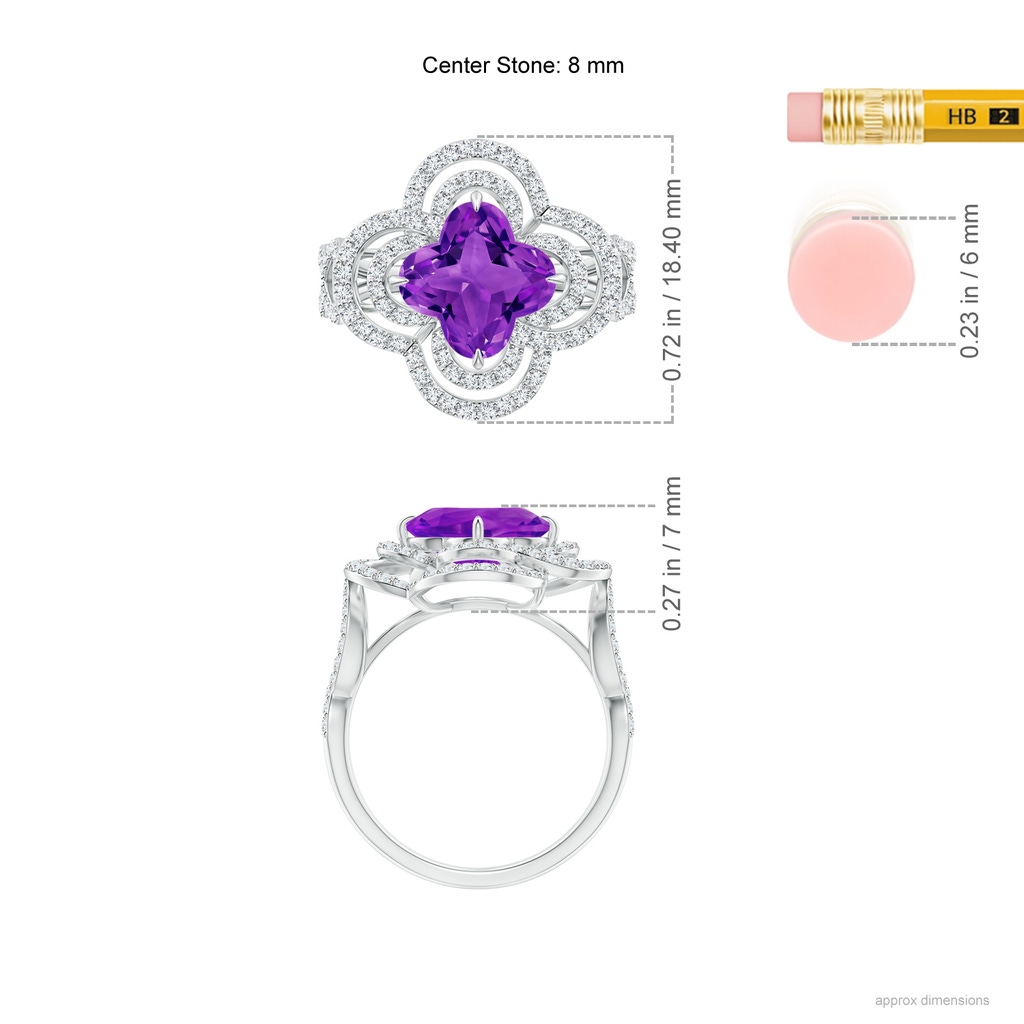 8mm AAAA Clover-Shaped Amethyst Double Halo Engagement Ring in White Gold Ruler