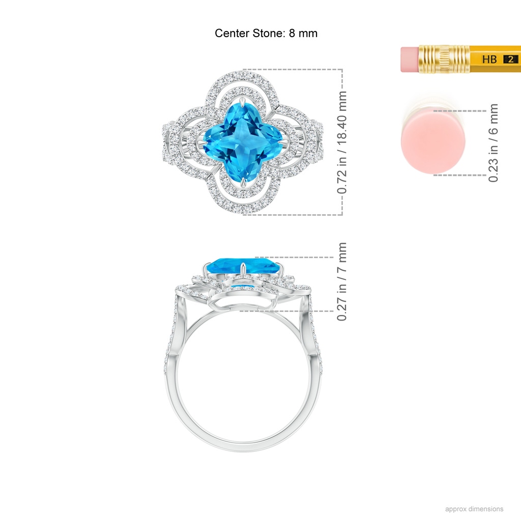 8mm AAAA Clover-Shaped Swiss Blue Topaz Double Halo Engagement Ring in White Gold Ruler