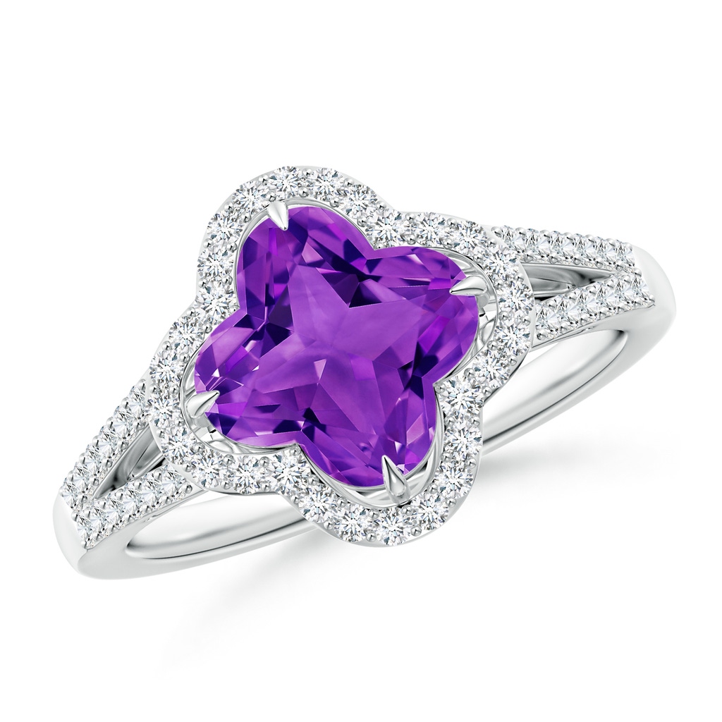 8mm AAAA Clover-Shaped Amethyst Split Shank Engagement Ring in White Gold